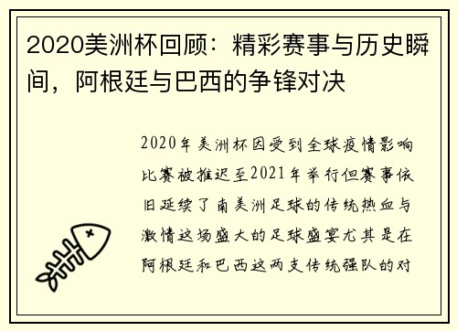 2020美洲杯回顾：精彩赛事与历史瞬间，阿根廷与巴西的争锋对决